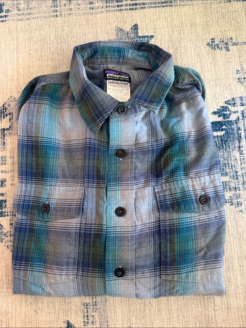Patagonia Plaid Button-Up Shirt in Blue and Green Tones